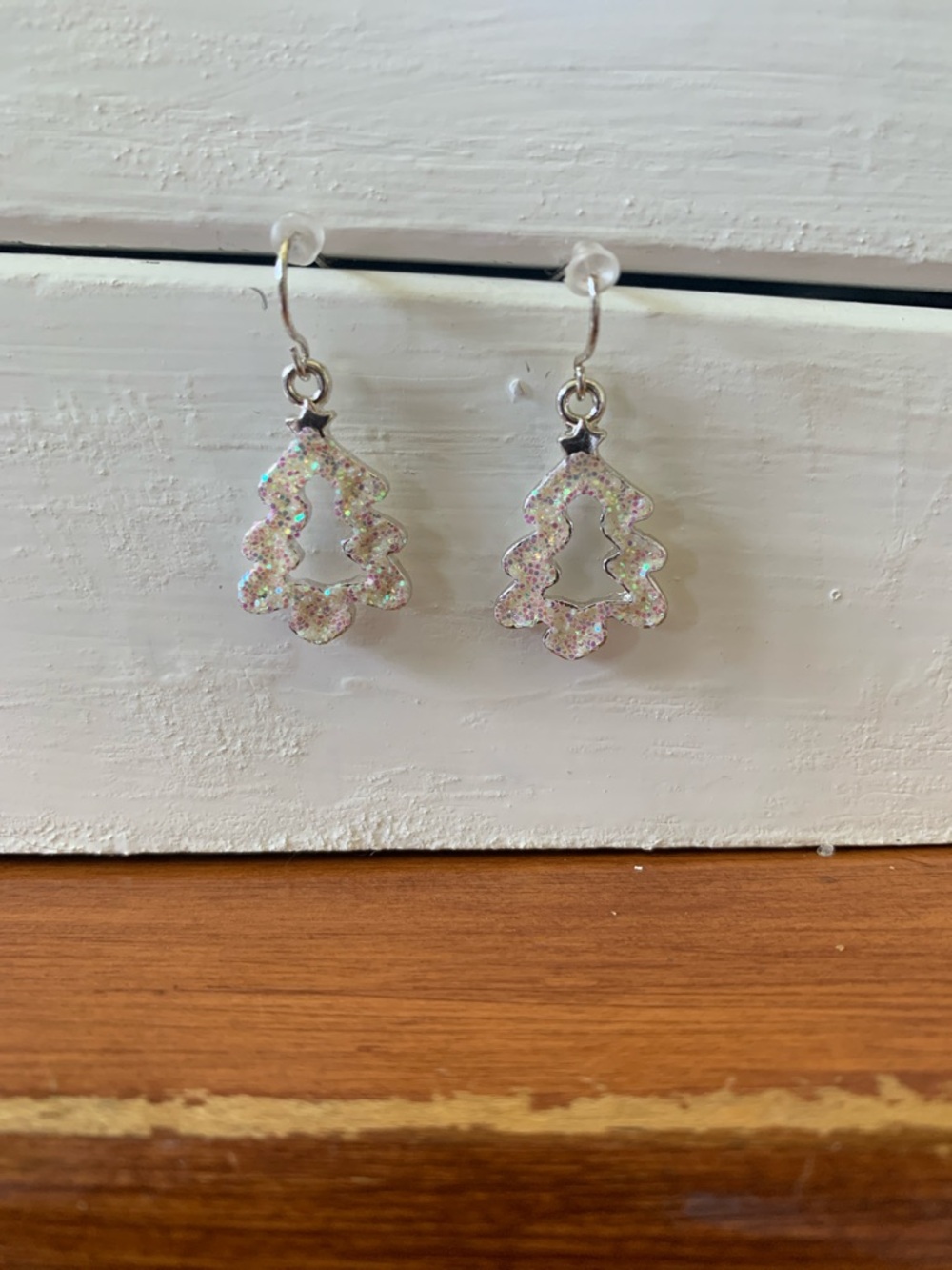 Silver Tone White Glitter Christmas Tree Dangle Earrings